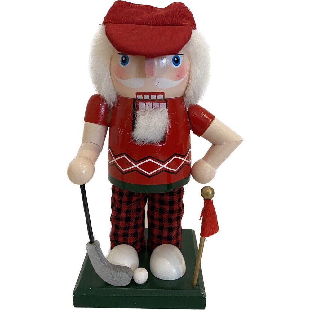 Nutcracker Santa Golfer With Club Ball And Flag 7 Inches Red Wooden